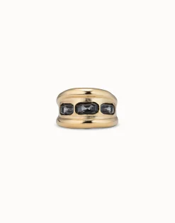 Anillo bañado en oro de 18k y 3 cristales grises
