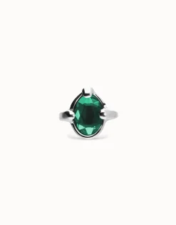 Anillo bañado en plata con cristal facetado ovalado verde
