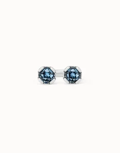 Anillo bañados en plata de ley con dos cristales azules enfrentados