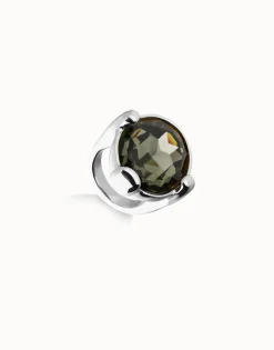 Anillo grande bañado en plata con cristal facetado ovalado gris