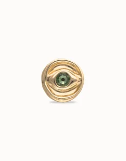 Anillo tipo sello bañado en oro 18k y forma de ojo con cristal facetado verde