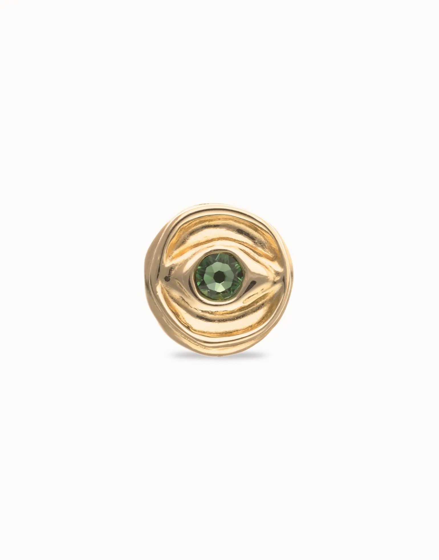 Anillo tipo sello bañado en oro 18k y forma de ojo con cristal facetado verde
