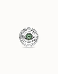 Anillo tipo sello en plata de ley y forma de ojo con cristal facetado verde