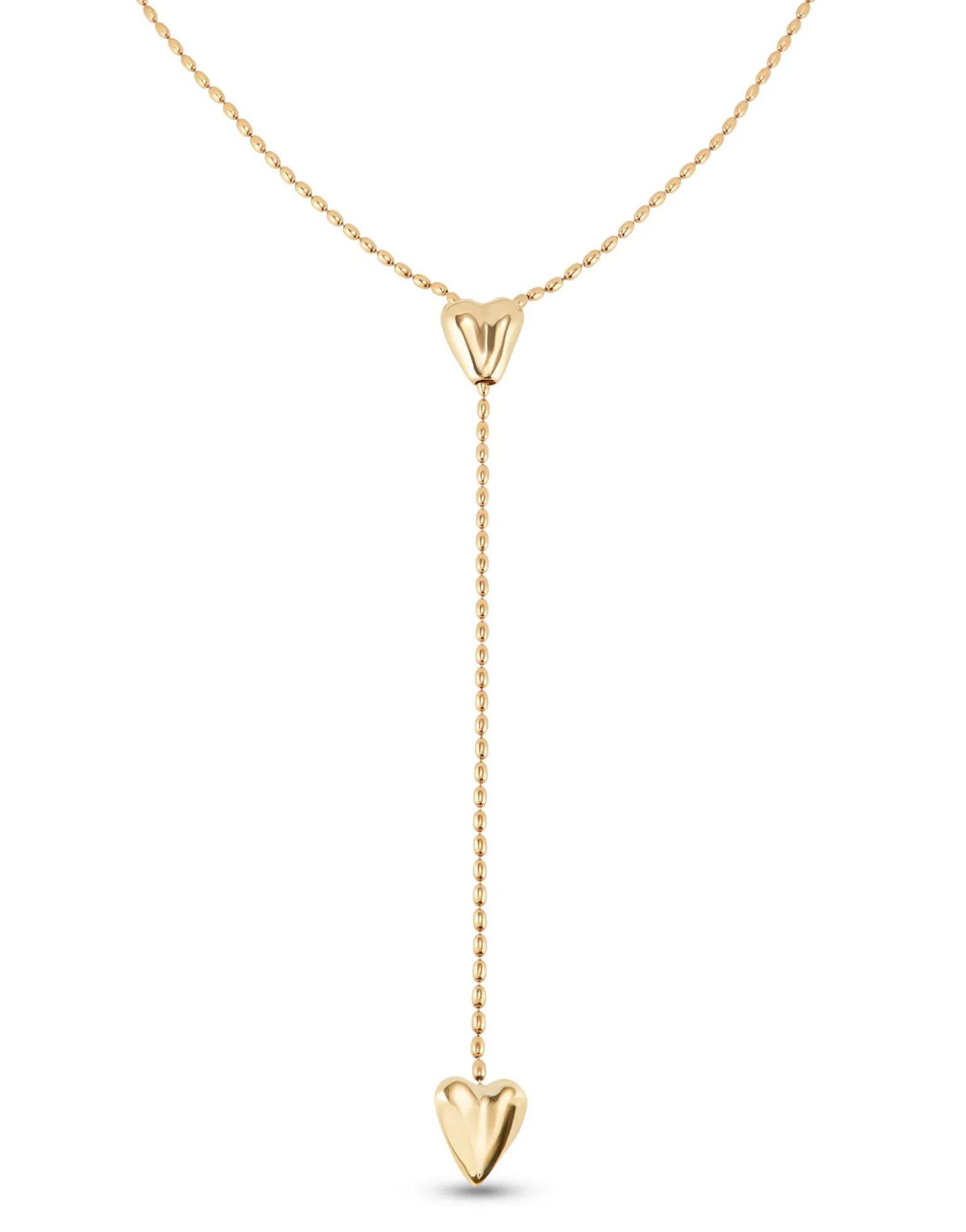 Cadena bañada en oro 18k con dos corazones, uno ajustable en el centro.