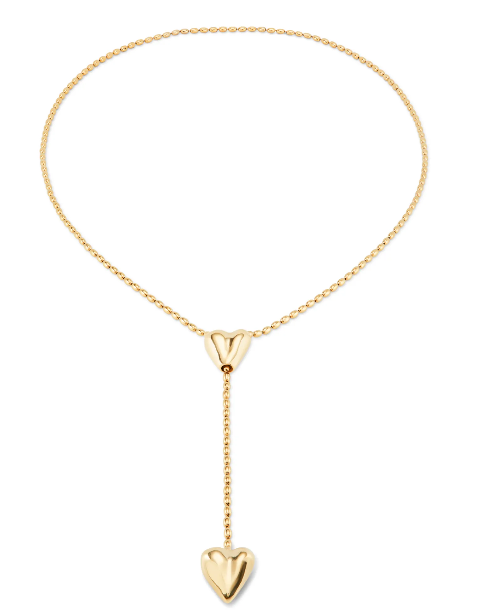 Cadena bañada en oro 18k con dos corazones, uno ajustable en el centro.
