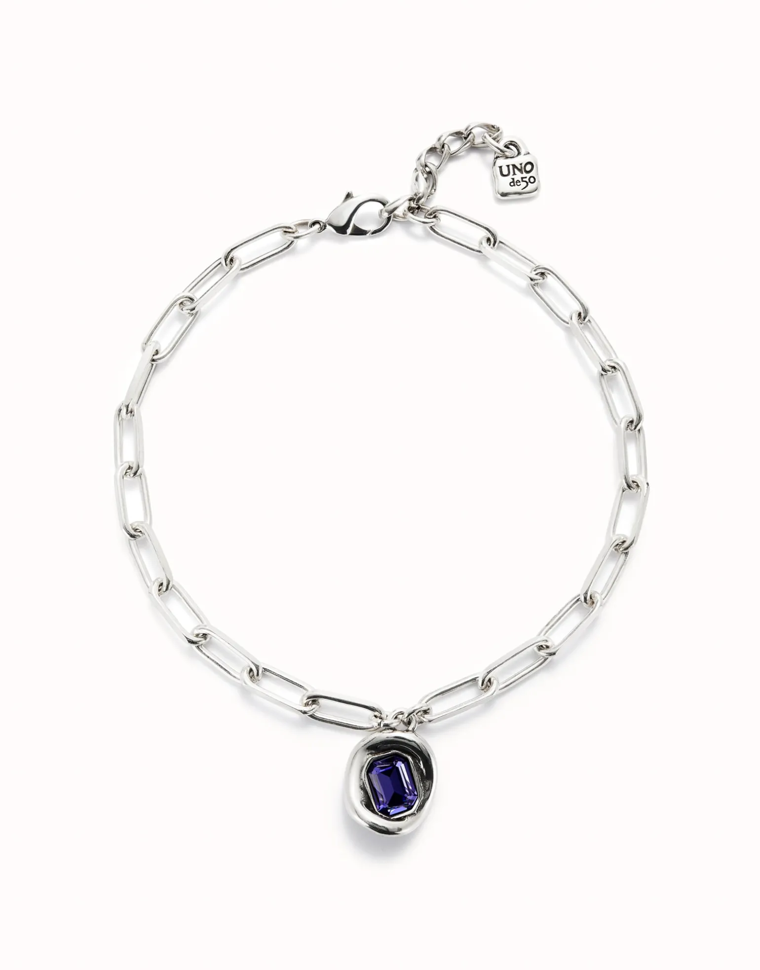 Cadena bañada en plata de ley con eslabones y cristal morado