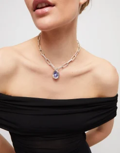 Cadena bañada en plata de ley con eslabones y cristal morado