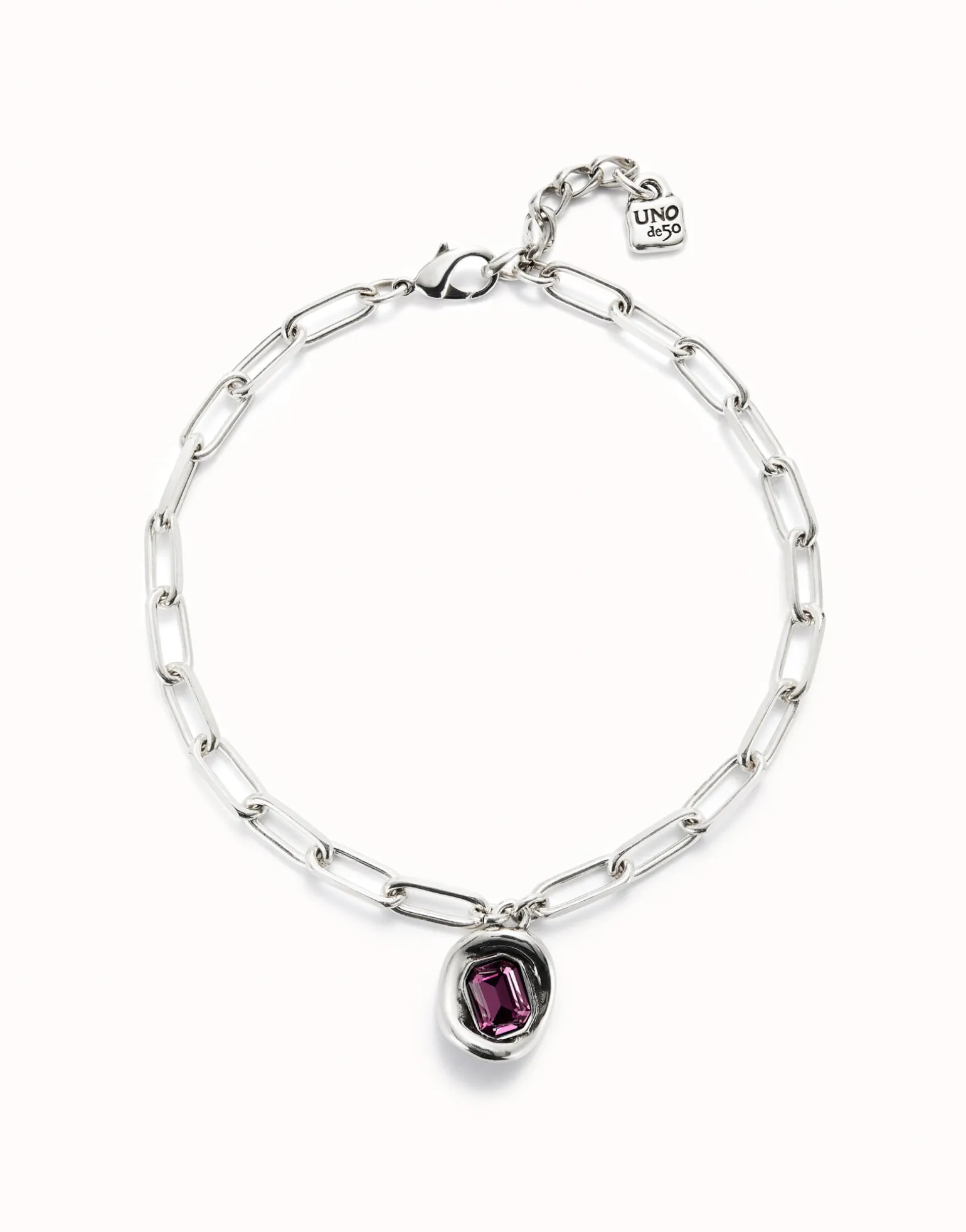 Cadena bañada en plata de ley con eslabones y cristal rosa