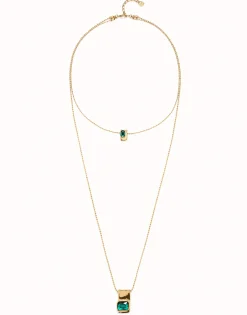 Cadena doble bañada en oro 18k con cristales verdes