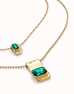 Cadena doble bañada en oro 18k con cristales verdes