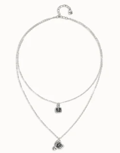 Colgante bañado en plata de ley con doble cadena y corazones con cristal negro