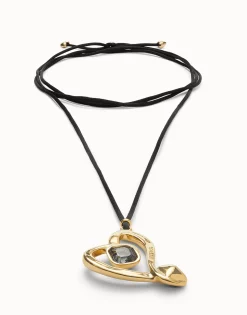 Colgante largo de cordón efecto seda con corazón central con cristal negro