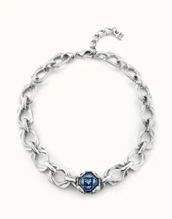 Collar bañado en plata de ley y cristal central azul