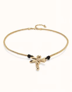 Collar corto bañado en oro de 18k con libélula