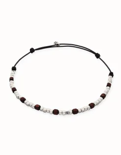 Collar de cuero con cuentas en plata y madera