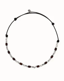 Collar de cuero con cuentas en plata y madera