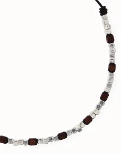 Collar de cuero con cuentas en plata y madera