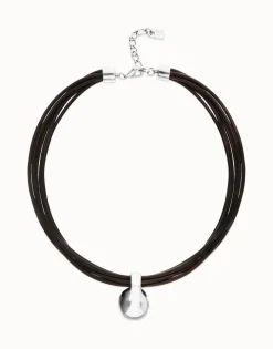 Collar de cuero con esfera grande bañada en plata de ley