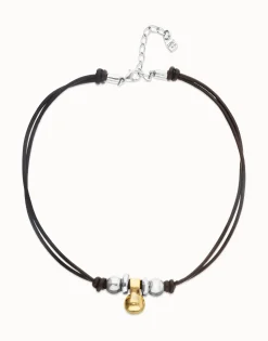 Collar de cuero con tres esferas bañadas en mix de plata y oro 18k