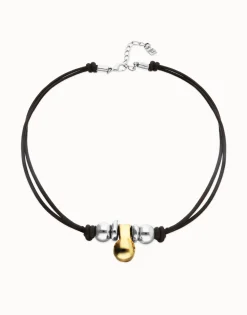 Collar de cuero con tres esferas bañadas en mix de plata y oro 18k