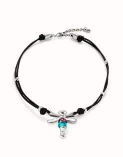 Collar de cuero y libélula bañado en plata de ley con cristales