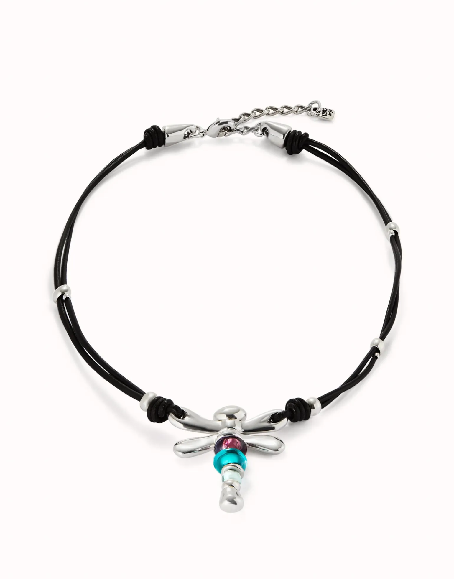 Collar de cuero y libélula bañado en plata de ley con cristales