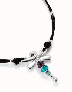 Collar de cuero y libélula bañado en plata de ley con cristales