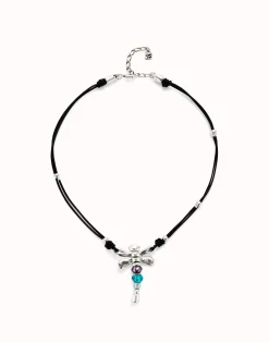 Collar de cuero y libélula bañado en plata de ley con cristales