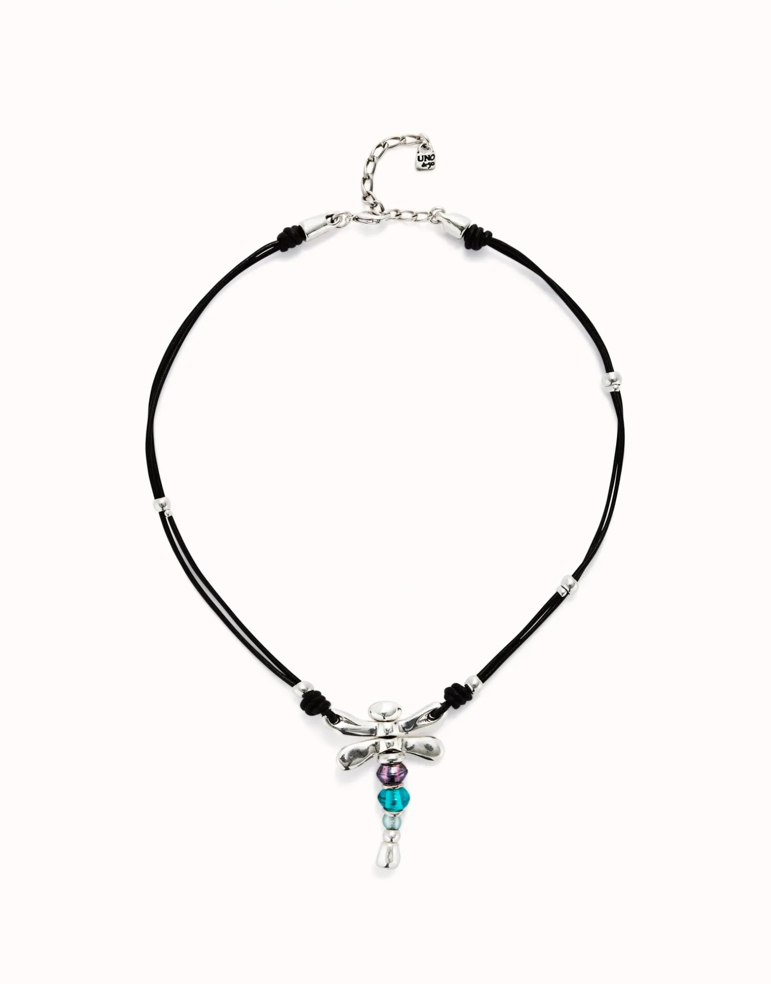 Collar de cuero y libélula bañado en plata de ley con cristales