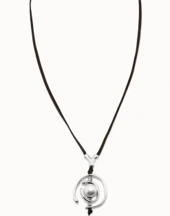 Collar de cuero y perla bañado en plata de ley mujer