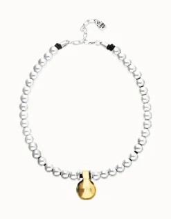 Collar de esferas medianas bañadas en plata de ley y esfera grande en oro 18k