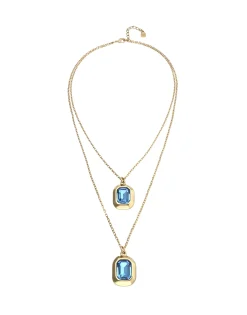Collar doble bañado en oro 18k con dos cristales facetados rectangulares