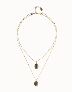 Collar doble bañado en oro 18k con dos cristales facetados ovalados negros