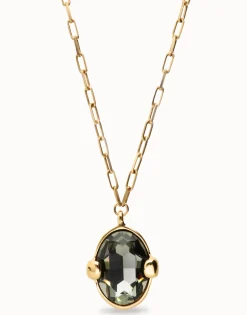 Collar largo bañado en oro 18k con cristal facetado ovalado gris