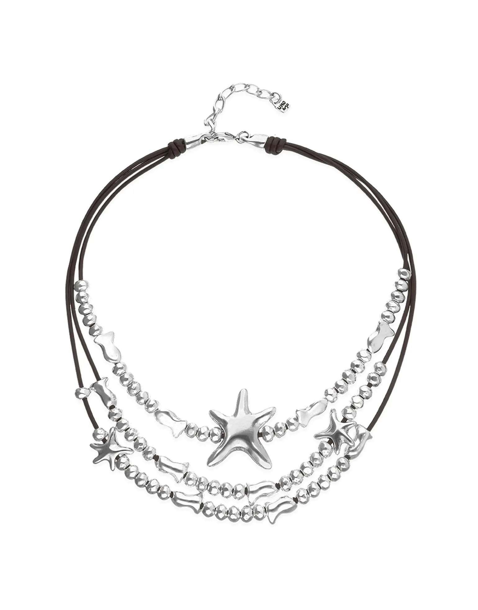 Collar multicadena en cuero bañado en plata y estrella de mar