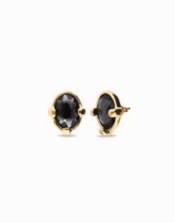 Pendientes bañados en oro 18k con cristal facetado ovalado negro