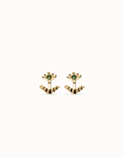 Pendientes bañados en oro 18k en forma de ojo con pestañas y cristal facetado verde