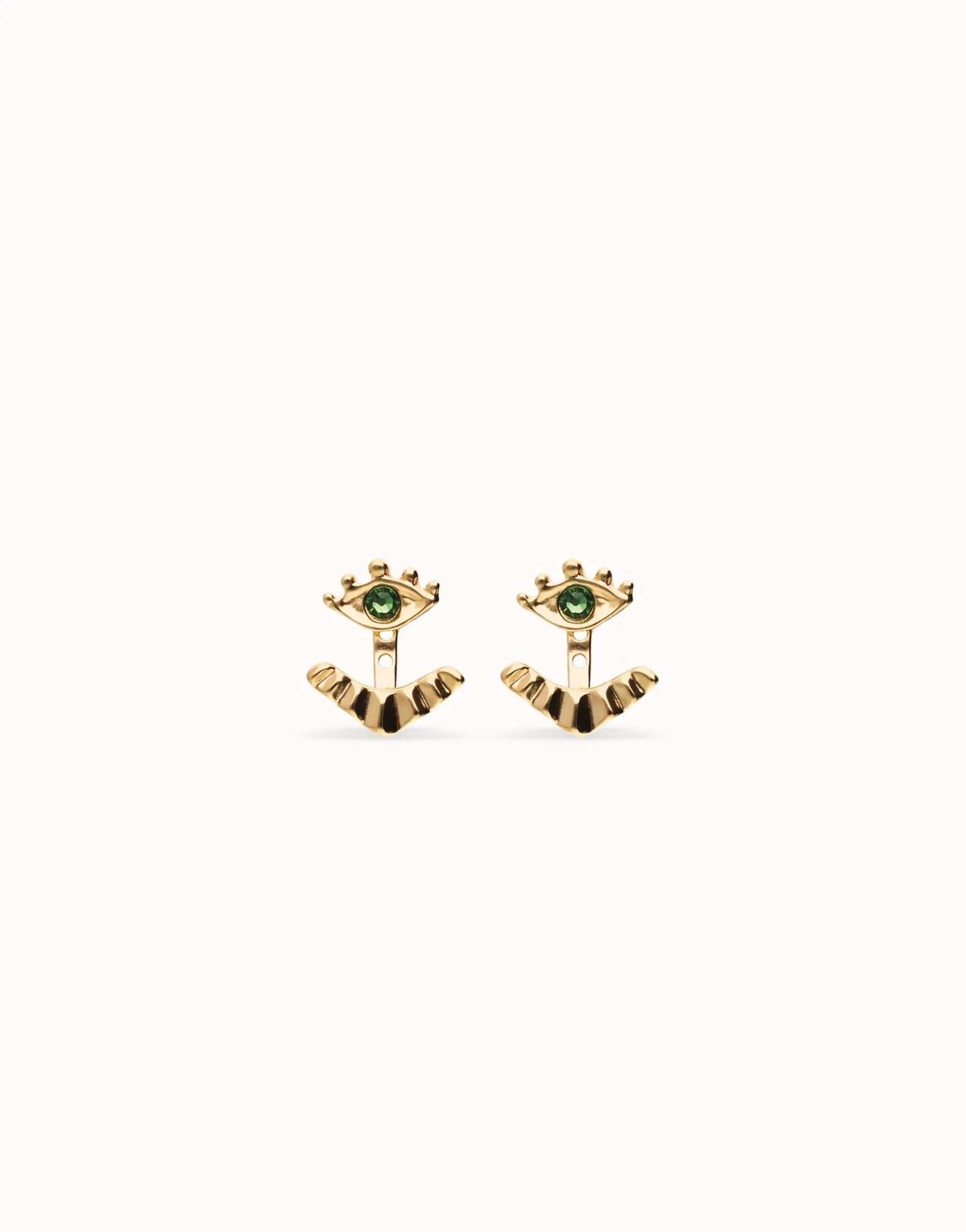 Pendientes bañados en oro 18k en forma de ojo con pestañas y cristal facetado verde