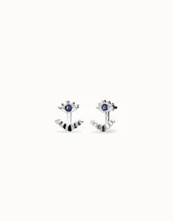 Pendientes bañados en plata en forma de ojo con pestañas y cristal facetado azul