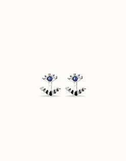 Pendientes bañados en plata en forma de ojo con pestañas y cristal facetado azul