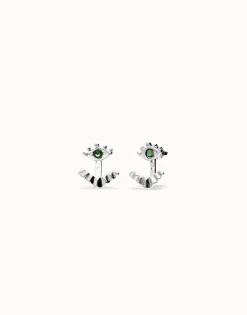 Pendientes bañados en plata en forma de ojo con pestañas y cristal facetado verde