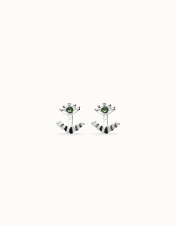 Pendientes bañados en plata en forma de ojo con pestañas y cristal facetado verde