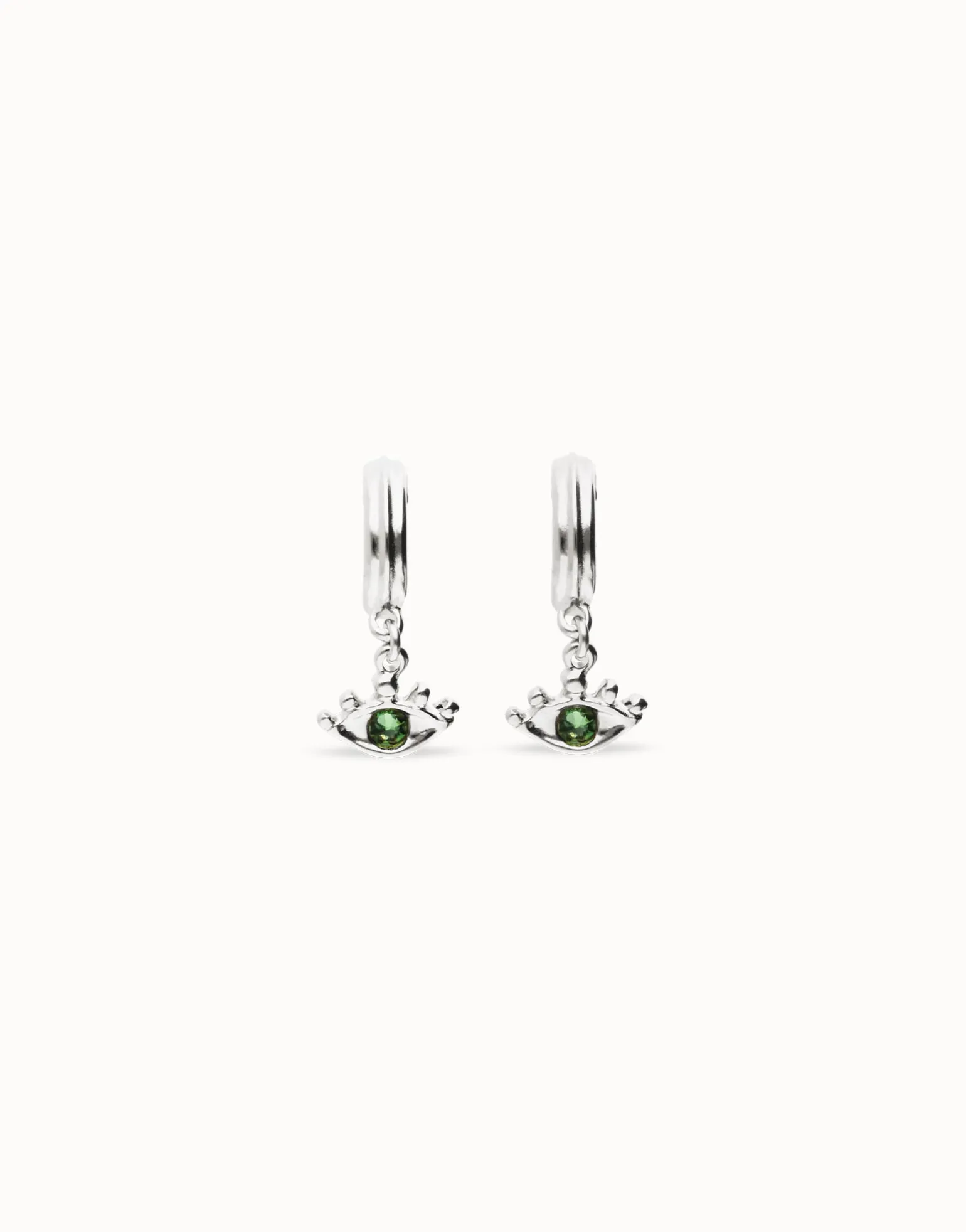 Pendientes de aro bañados en plata de ley con forma ojo y cristal facetado verde
