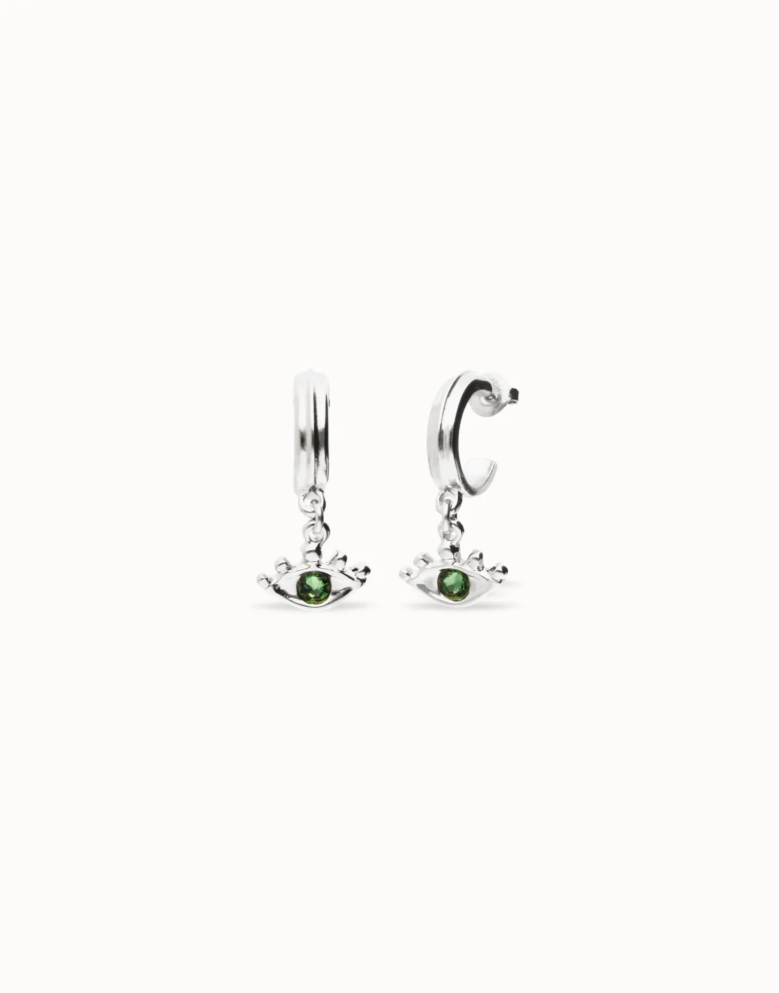 Pendientes de aro bañados en plata de ley con forma ojo y cristal facetado verde