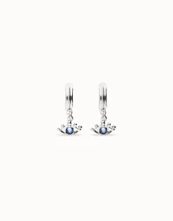 Pendientes de aro bañados en plata de ley con forma ojo y cristal facetado azul
