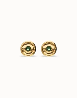 Pendientes de botón bañados en oro 18k con cristal facetado verde