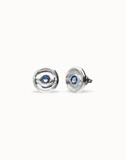 Pendientes de botón bañados en plata con cristal facetado azul