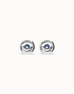 Pendientes de botón bañados en plata con cristal facetado azul