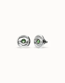 Pendientes de botón bañados en plata con cristal facetado verde