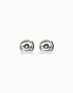 Pendientes de botón bañados en plata con cristal facetado verde